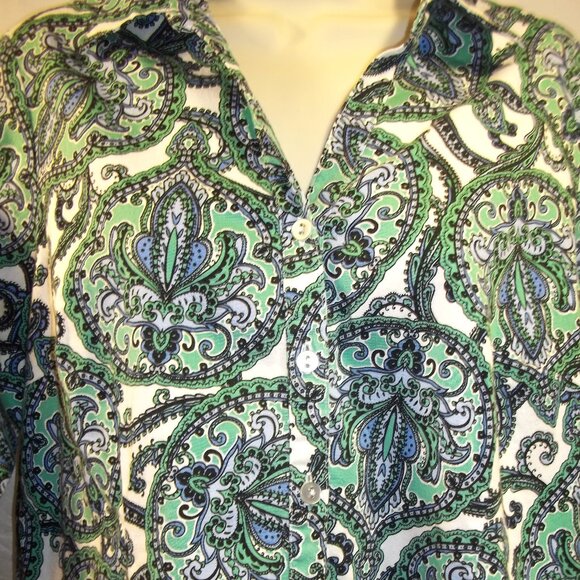 212 Collection Womens Blouse Size Large Button Down Paisley V-Neck Green Blue - Picture 3 of 6